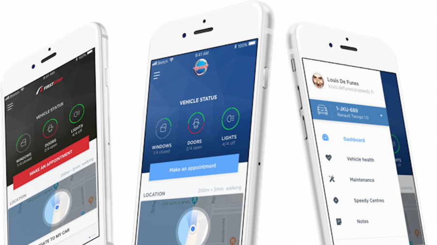 Een aantal iPhones tonen verschillende schermen van de MySpeedy-app