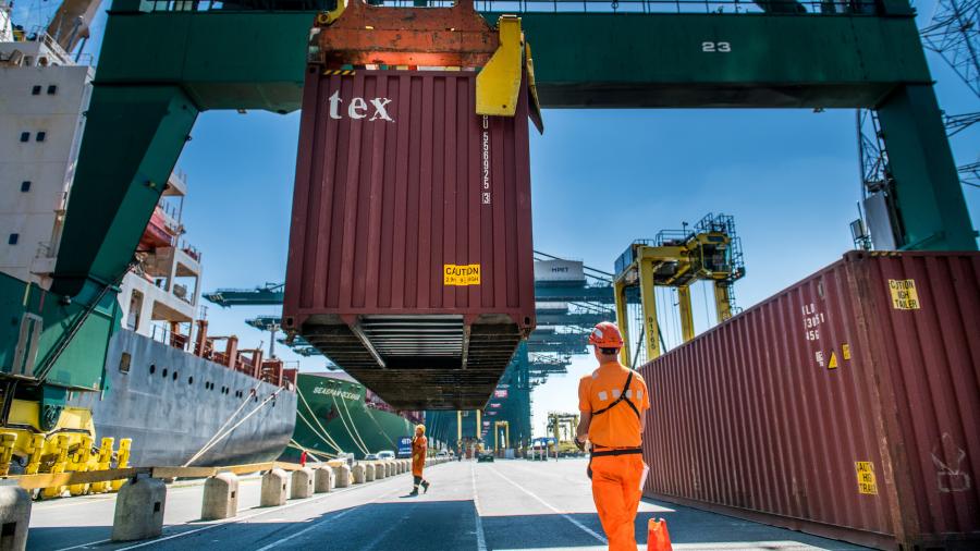 Containers worden af de schepen geladen aan het Deurganckdok in Antwerpen