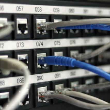 Server met blauwe en grijze internetkabels